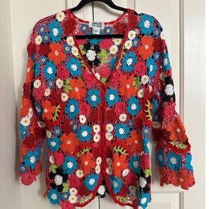 Chico's‎ Design Floral Crochet Cardigan Chico's Size 2 Women's Large